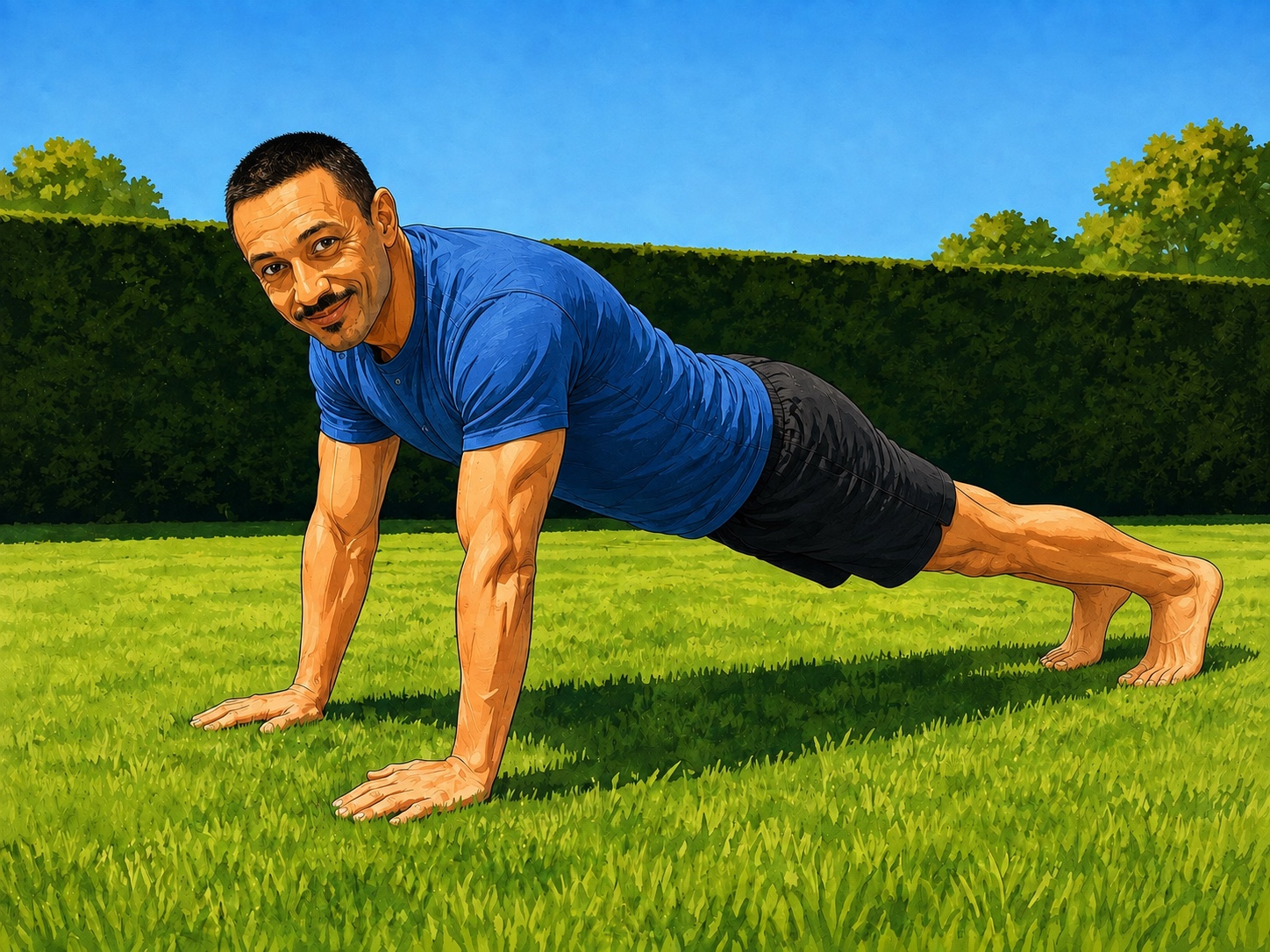 Illustration of Luca Riva holding a straight-arm plank on grass